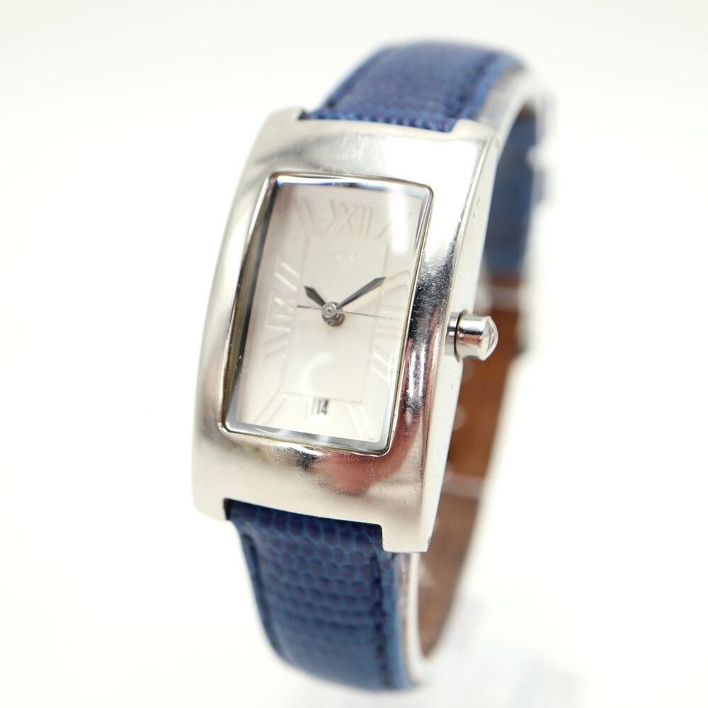 DKNY Silver Tone Dome Tank 23mm Women Watch Rectangle Blue Leather w New Battery